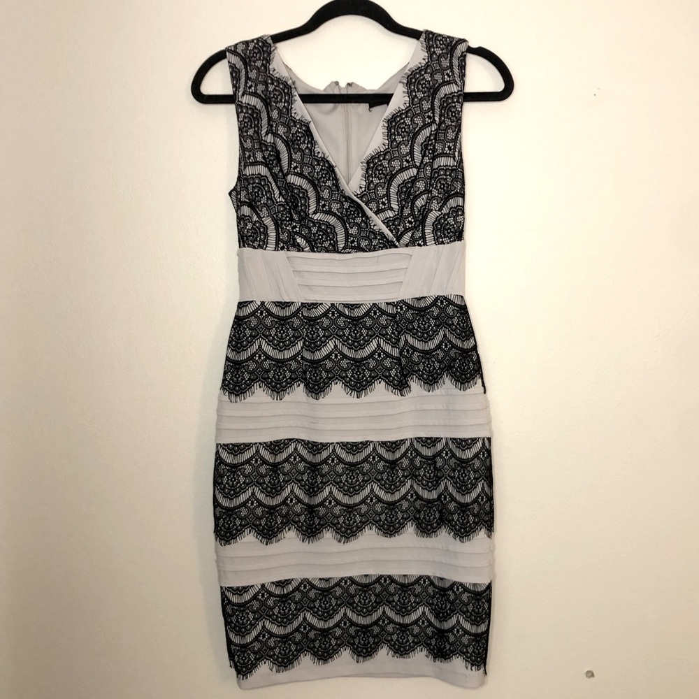 Sangria cocktail dress. Silvery grey with black lace